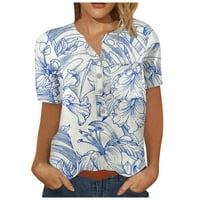 Žene Henley Tops Fashic Graphic Print ženska majica s kratkim rukavima s džepom Plave S