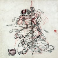 Samurai pijenje. Nskeć japanskom umjetnicom, krajem 19. vijeka, za otisak od drveta koji prikazuje ranjene