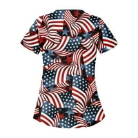 Tking modni dan nezavisnosti Žene plus veličine piling TOP V-izrez kratkih rukava s tiskanim džepovima Radna bluza za žene Multicolor L
