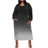 Ženske plus veličina haljine gradijent gradijenta za vrat od ispisanog sažetka dugačkih sandress-rubne ležerne za odmor midi haljina s džepovima crna xxxl