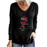 Voncos Women s dugim rukavima Bluza Majica - Jesen i zimska modna klirens v izrez Božićni odmor Ispiši božićni odmor casual bluze za žene Drćene crne veličine l