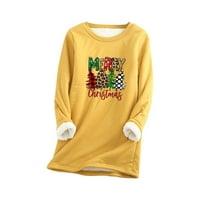 Sretne božićne majice za žene Xmas grafički print majica za odmor jesen zima plišana topla bluza božićni dugi rukav okrugli vrat, žuti xxl