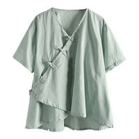 LeylayRay vrhovi za žene Ženske posteljine na vrhu klasične vintage majice kineski V-izrez Tunika Pankou Bluza Green Free Size