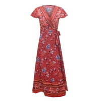 OZMMYAN Ljetna haljina za žene ženska boemska cvjetna haljina ljetna haljina wrap v izrez kratki rukav
