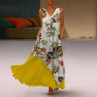 Veličina Cvjetni spajanje Vintage Maxi haljina V Women tiskani vrat bez rukava plus ženska haljina