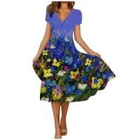 Strojno žensko ljetno casual modne cvjetne print s kratkim rukavima V-izrez Swing haljina Royal Blue