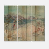 Art DemandArt 'Winter Drveće rijeke i ptice' jezero kuće Ispis na prirodnom borovom drvetu - ploče - ploče