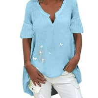 Iopqo košulje za žene Ljeto Ženski kratki rukav V izrez cvjetni tiskani pamučni posteljina vrhunska majica casual majice Tee bluza plavi xxl