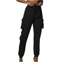 Ženske hlače visokog struka sa više džepova opušteno fit izvlačenje elastičnih struka čvrstog boja Sport hlače modne ulične pješačke pantalone crne m