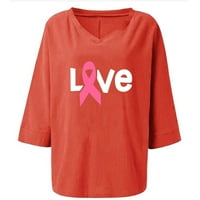 Rukovni vrhovi za žene V izrez ružičaste vrpce tiskane majice Ležerne prilike labave fit bluze Tees Dame odjeću