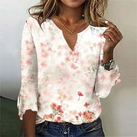 Slatki cvjetni uzorak V rect majice za žene labavi fit casual duljine rukav grafički teženi majica vrhovi