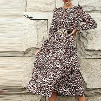 Haljine za prodaju čišćenja za žene s dugim rukavima Leopard uzorak ručica okrugla izrez ruffle midi