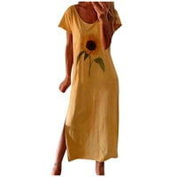 Modne žene labavi suncokret tisak kratkih rukava bočna podijeljena O-izrez casual haljina vestidos