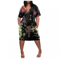 ROYLLELOVE žensko ljeto Plus veličina V izrez kratki rukav džep za koljena Bohemian Print casual haljina