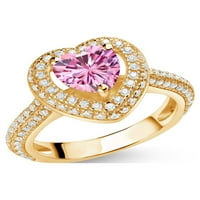 Gem Stone King 18K žuti pozlaćeni srebrni prsten za srce prsten ružičaste i bijele moissanite