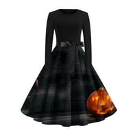 Crne haljine za žene Gotic Goth Halloween Print Flare s dugih rukava O-izrez Casual Crna 1x