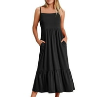 Žene modne ležerne prilike sa čvrstim bojama okruglih vrata Labavi džep bez rukava duga haljina XL