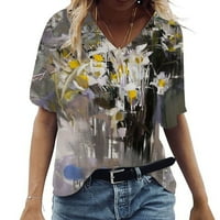 Zkozptok Ženski vrhovi Ležerne prilike Cvjetni print Kratki rukav V-izrez plus majice Majice Majice, sive, m