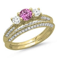 1. Carat 18K žuti zlatni okrugli rez ružičasti safir i bijeli dijamantski ženski zaručni prsten sa matc