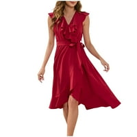 Ženske haljine bez rukava A-line srednjeg modnog ljeta Slijedila V-izrez haljina crvena l