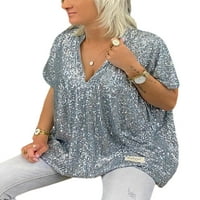 Glonme majica za žene Majica kratkih rukava Sequin Ljetni vrhovi Radni modni tunički bluza Labavi V