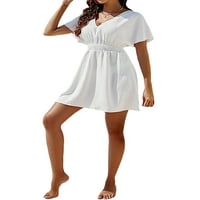 LIACOWI Žene Casual Mini haljina V izrez Kratki rukav Smajdljeni elastični struk Flowy haljina plivanja