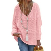 Hanzidakd ženski džemperi pulover jesen i zimski dugi rukav V-izrez akril plus veličine čvrsti pulover džemperi ružičasti xl
