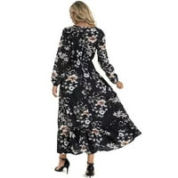 Bezolor padne haljine za žene izrez posade cvjetni ispisani ruffle dugi rukav haljina Ležerne prilike Flowy Long Maxi haljina