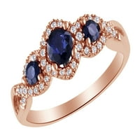 Okrugli rez simulirani plavi safir, bijeli kubični cirkonijski tri kameni prsten u 10K ružin zlatne