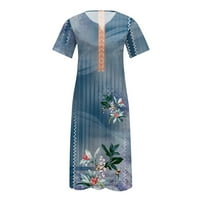 USMIXI Ljetne haljine za žene Plus size Pocket Swing Vintage Tunic Dugim sendom za odmor Kratki rukav V-izrez Floral Maxi Svečana haljina Plava S
