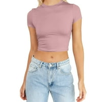 Ženski ljetni prevelizirani majica kratkih rukava kratki rukav s kratkim rukavima, čvrsto ispis ružičasta L