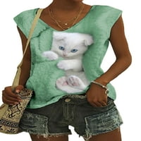 Sanviglor Women T majica CAT Print ljetni vrhovi majica bez rukava slobodna tunika Bluza Dnevna odjeća Pulover bijeli m