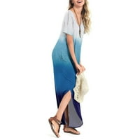 FESFESFES ženski casual labav džep duga haljina kratki rukav Split V izrez Print Maxi Place Haljine