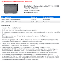 Radijator - kompatibilan sa - Toyota 4Runner 2001