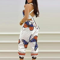 Ženski ljetni kombinezon - casual crewneck tiskani kombinezoni za patchwork hlače za patchwork hlače sa džepovima bijeli klirens