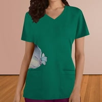 Zeleni vrhovi za žene Bluze za žene Dressy Casual Fashion Woman Print V - izrez Majica kratkih rukava Štamparija Labavi bluza The Ležerne prilike pune boje košulje, zelena, 3xl