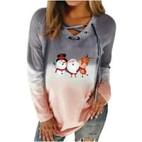 Odeerbi božićne dukseve za žene V-izrez kaišev nacrtav pulover postepeni dugih rukava s dugim rukavima košulja plave boje
