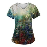 Ženski vrhovi ženske modne proljeće i ljeto cvjetno ulje slikanje Ispisuje V-izrez na platnu odjeća s kratkim rukavima s džepovima M