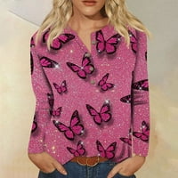 Duks stabilna odjeća Ženska nova gumba ovratnik modni print dugih rukava Retro Print Majica Slim TOP Ležerne prilike Pink XL