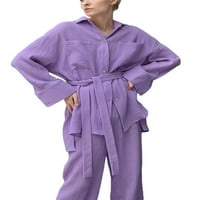 Biekopu Žene Ljeto Pijama Set, Dugme s dugim rukavima Zatvaranje nagnuto majica + duge hlače salon za spavanje