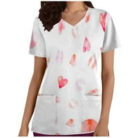 Scrub_Tops za žene prozračne srčane grafički kratki rukav V-izrez sestrinske uniforme labave radna majica za Valentinovo sa džepovima