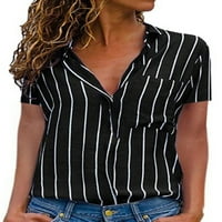 Grianlook dame majice dolje bluza rever retro vrhovi kratkih rukava za žene labave prugaste vintage patch džep crni 2xl