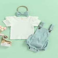 Aturuste novorođene dječje dječje odjeće set od pune boje kratkih rukava ruffle rebrasti vrhovi elastični suspender kratke hlače