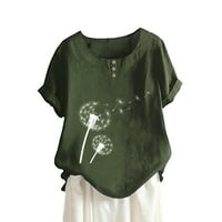 Yinmgmhj košulje za žene Ljeto okruglo dugme za okrugli vrat Pamuk i maslačak Print Short rukava majica Bluza Green + XL