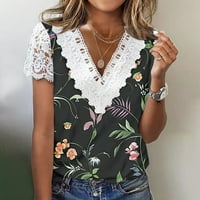 Žene ljetne cvjetne print majice čipke patchwork v izrez kratkih rukava bluza na vrhu casual redovitih