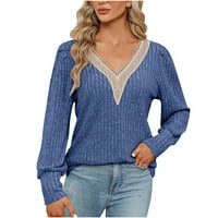 Ženski pulover Dukseri padaju u trendovski listu dugih rukava Ležerne čipke Crochet V-izrez rebrasti pletene džumbane bluze