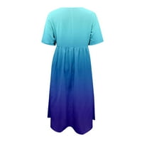 Haxmnou Ženska udobna Boho haljina kratki rukav d vrat džepna haljina Ležerne prilike kratkih kratkih reda haljina opruge plave s
