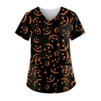 Tking modni Halloween vrhovi za žene plus veličine bundeve kratki rukav V vrat Radni uniformni džepovi T majice Yellow 2xl