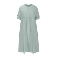 Njoeus ženska pamučna posteljina duga košulja haljina kauzalno gumb gore kaled-up rukave labave tunike