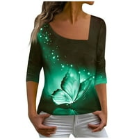 Duks za žene Ženska modna casual dugih rukava leptir Print skew vrat majica top zelena 4xl